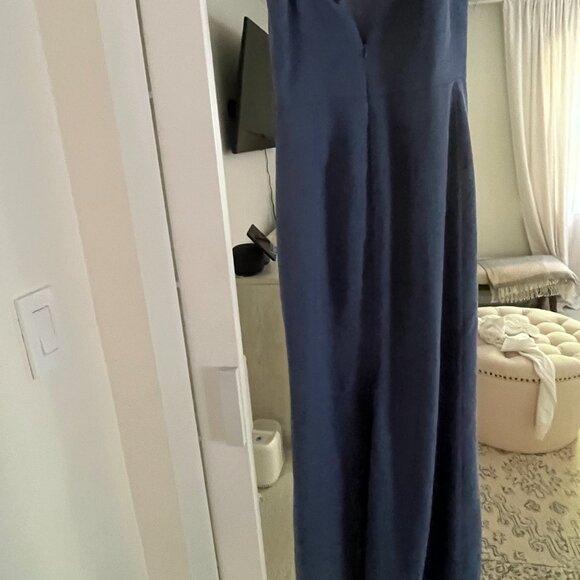 SPAGHETTI STRAP V-BACK CREPE GOWN WITH FRONT SLIT IN LARKSPUR BLUE - Picture 3 of 4